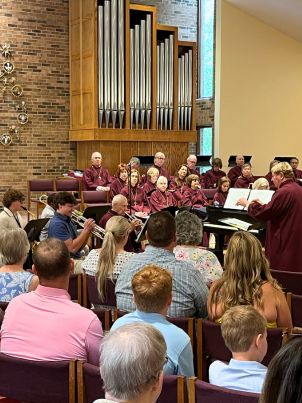 Instrumental ensemble playing during a worship service at Living Saviour Lutheran Church in Charlotte, North Carolina.